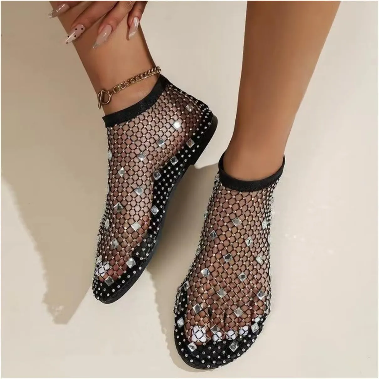 Comfortable Shiny Gem Mesh Flats,Ballet Flats for Women Sandals Women Dressy Summer Flat Shoes Slip On Sandals,Sexy Flat Cutout Sparkly Casual Wedding Dress Flats,Rhinestone Short Boots
