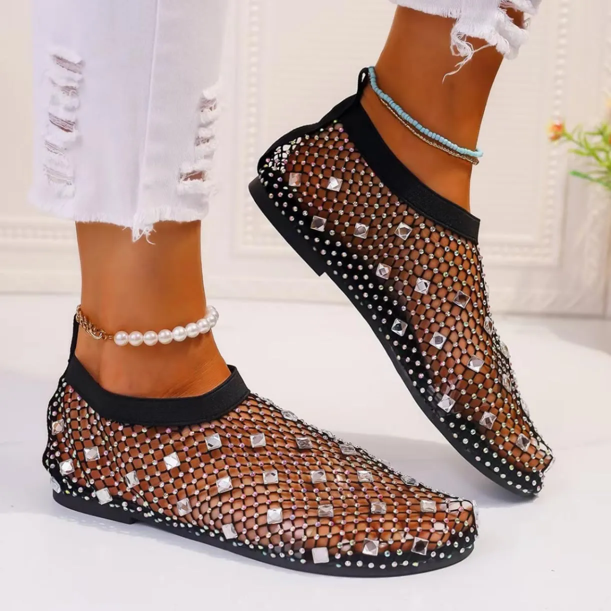 Comfortable Shiny Gem Mesh Flats,Ballet Flats for Women Sandals Women Dressy Summer Flat Shoes Slip On Sandals,Sexy Flat Cutout Sparkly Casual Wedding Dress Flats,Rhinestone Short Boots