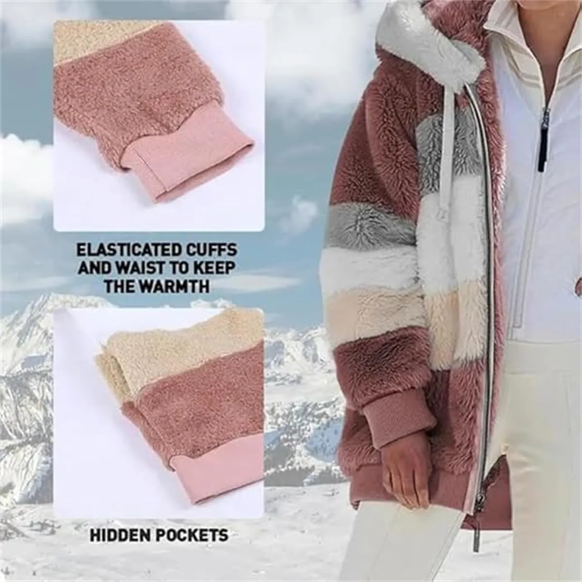 Contrasting Lamb Wool Padded Coat, Women Color Block Faux Shearling Coat Warm Hooded Zip up Fuzzy Winter Jacket with Pockets