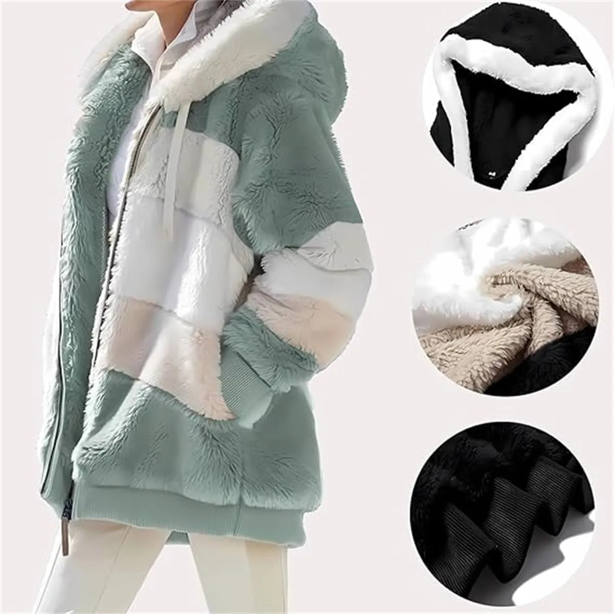 Contrasting Lamb Wool Padded Coat, Women Color Block Faux Shearling Coat Warm Hooded Zip up Fuzzy Winter Jacket with Pockets