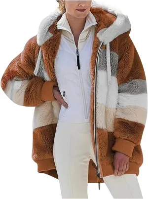 Contrasting Lamb Wool Padded Coat, Women Color Block Faux Shearling Coat Warm Hooded Zip up Fuzzy Winter Jacket with Pockets