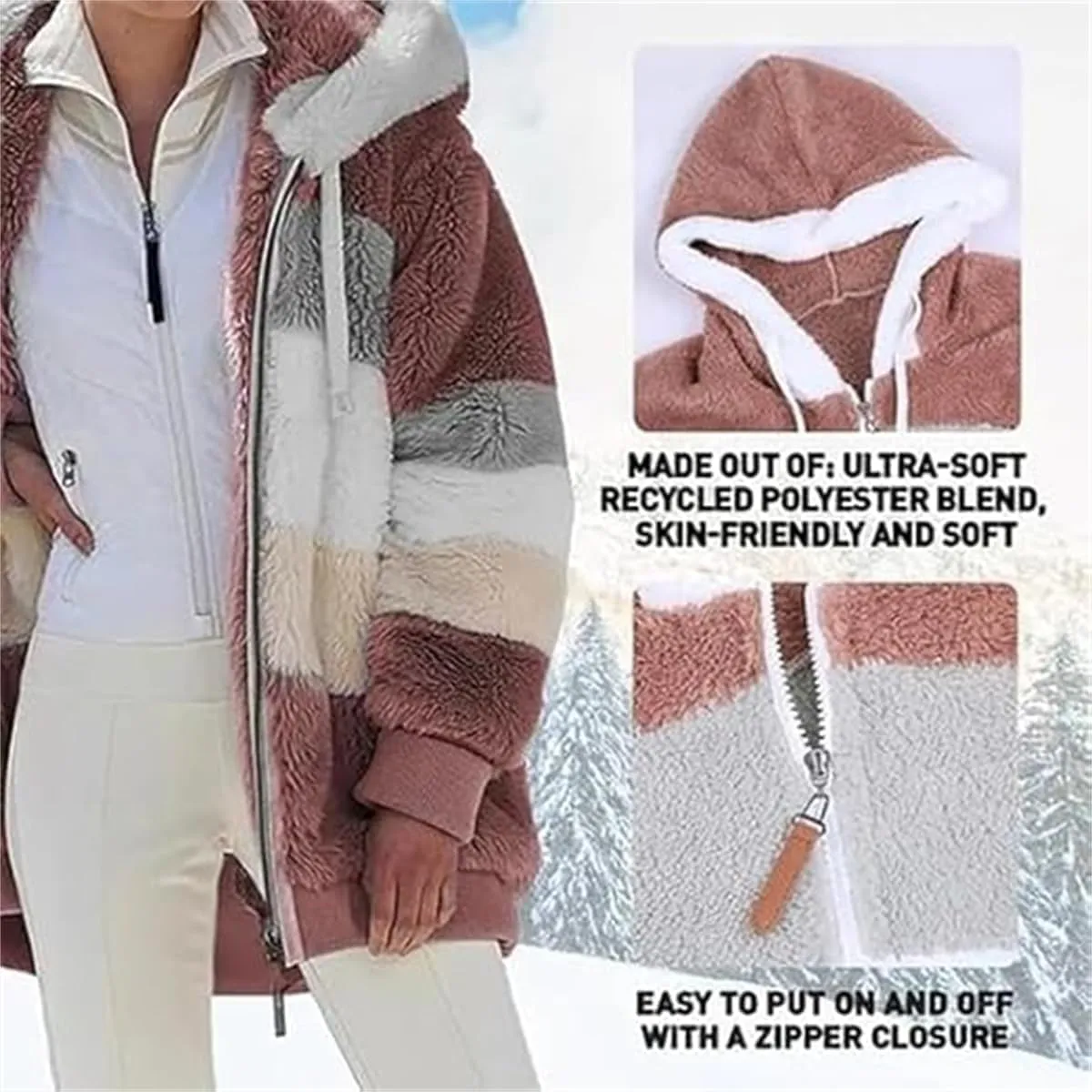 Contrasting Lamb Wool Padded Coat, Women Color Block Faux Shearling Coat Warm Hooded Zip up Fuzzy Winter Jacket with Pockets