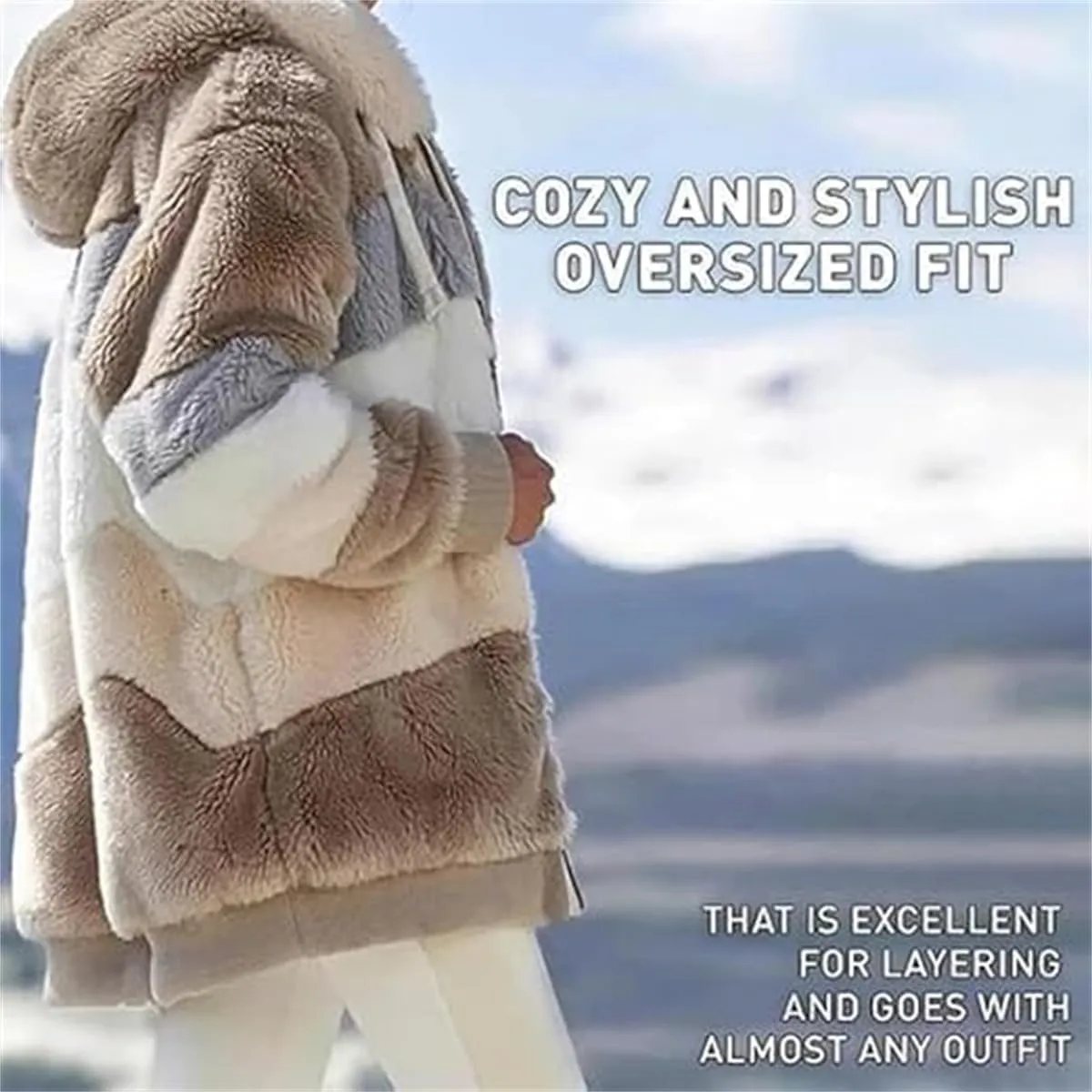 Contrasting Lamb Wool Padded Coat, Women Color Block Faux Shearling Coat Warm Hooded Zip up Fuzzy Winter Jacket with Pockets