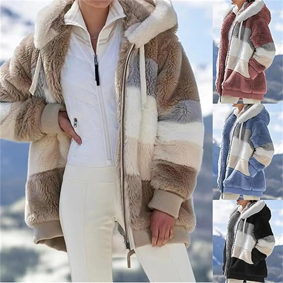 Contrasting Lamb Wool Padded Coat, Women Color Block Faux Shearling Coat Warm Hooded Zip up Fuzzy Winter Jacket with Pockets