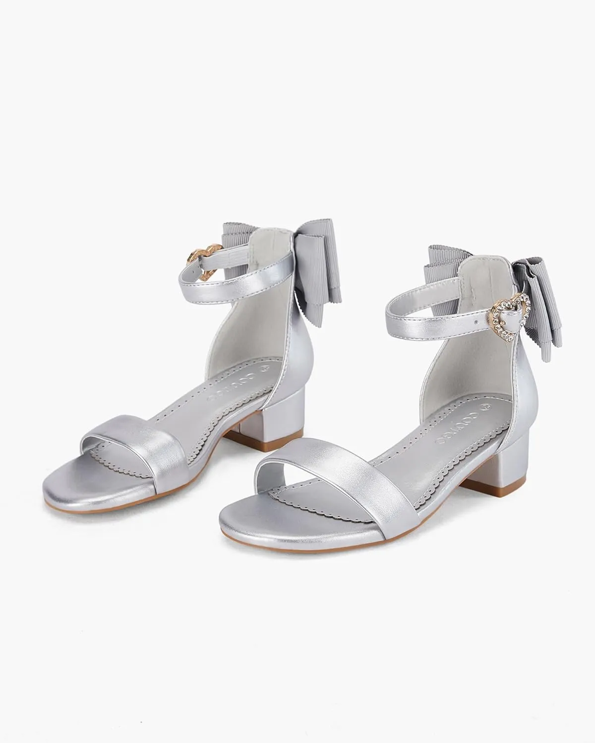 Coutgo Girl's Bow Tie Heeled Sandals Open Toe Chunky Low Heel Rhinestone Princess Dress Shoes