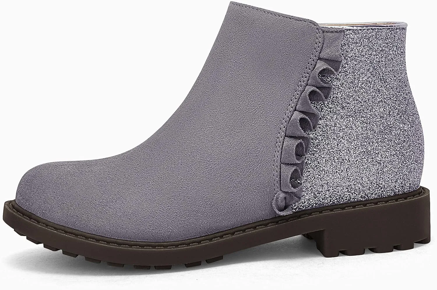 Coutgo Girls Glitter Ankle Boots Kids Ruffle Dress Booties Fashion Chunky Side Zip Casual Shoes