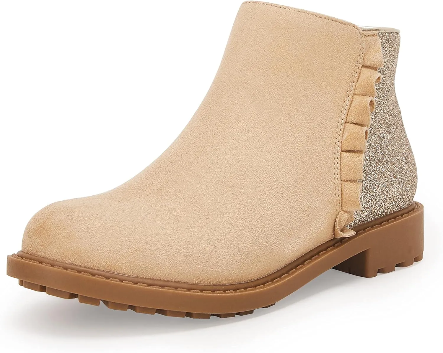 Coutgo Girls Glitter Ankle Boots Kids Ruffle Dress Booties Fashion Chunky Side Zip Casual Shoes