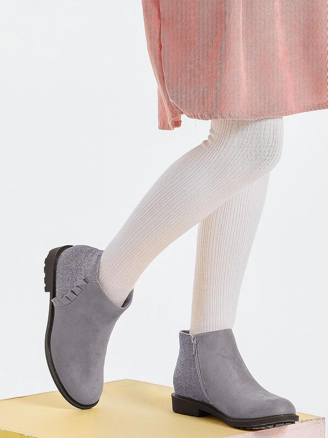 Coutgo Girls Glitter Ankle Boots Kids Ruffle Dress Booties Fashion Chunky Side Zip Casual Shoes