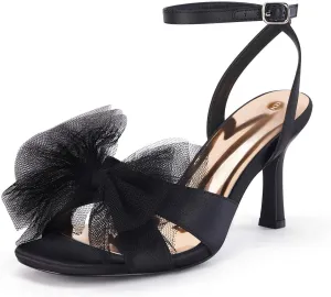 Coutgo Womens Lace Bow Heels Sandals Open Square Toe Stiletto High Heel Ankle Strap Bride Wedding Dress Shoes