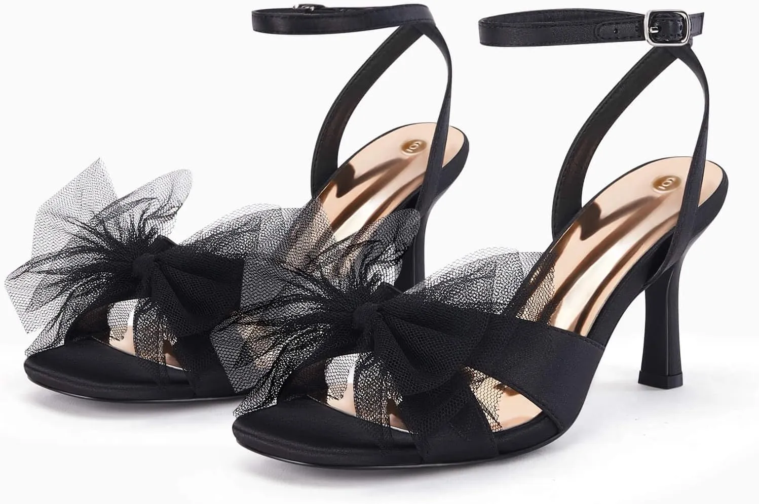 Coutgo Womens Lace Bow Heels Sandals Open Square Toe Stiletto High Heel Ankle Strap Bride Wedding Dress Shoes