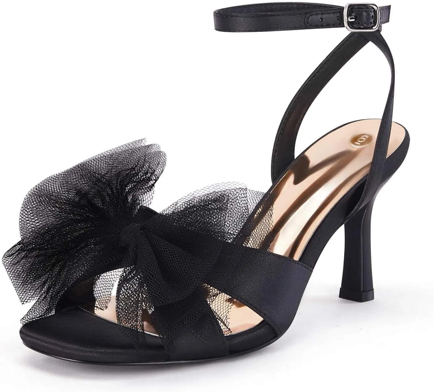 Coutgo Womens Lace Bow Heels Sandals Open Square Toe Stiletto High Heel Ankle Strap Bride Wedding Dress Shoes