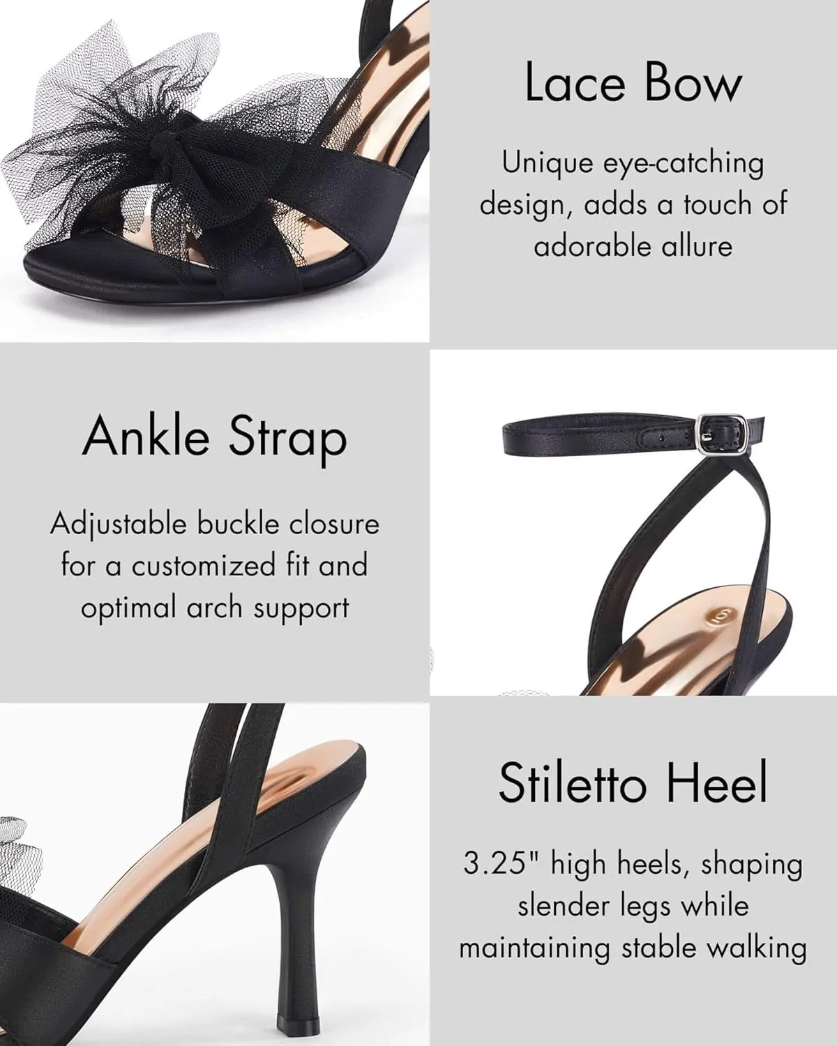 Coutgo Womens Lace Bow Heels Sandals Open Square Toe Stiletto High Heel Ankle Strap Bride Wedding Dress Shoes