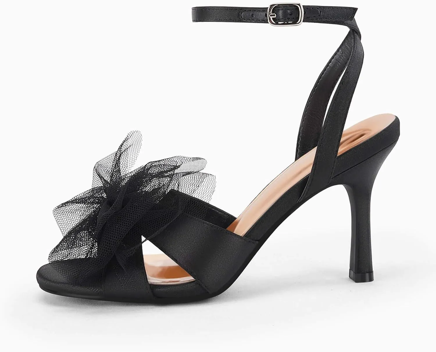 Coutgo Womens Lace Bow Heels Sandals Open Square Toe Stiletto High Heel Ankle Strap Bride Wedding Dress Shoes