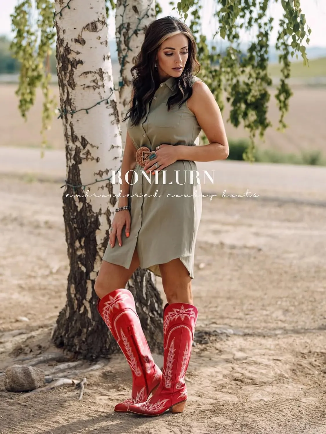 Cowboy Boots for Women Cowgirl Boots Mid Calf Western Country Pointed Toe Embroidery Chunky Heel Pull On Red