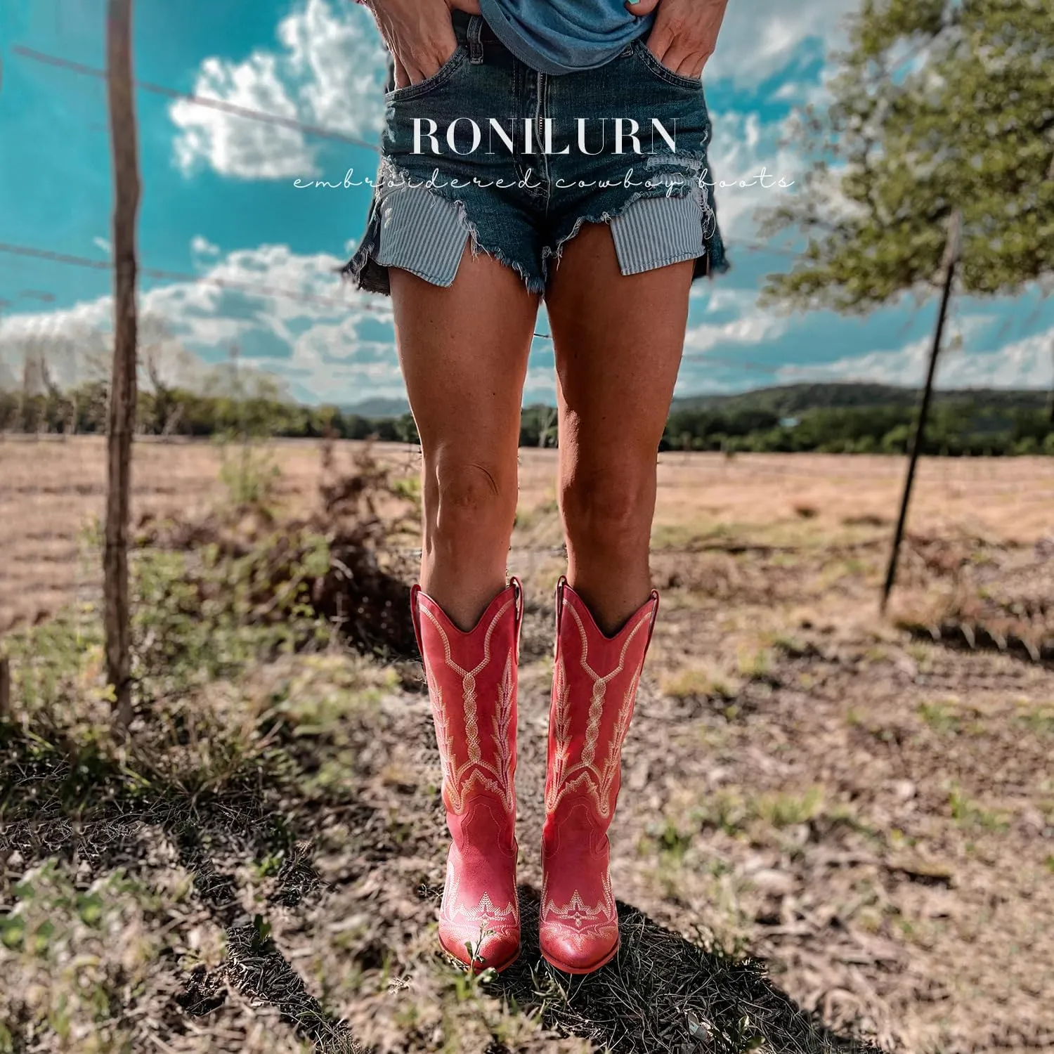 Cowboy Boots for Women Cowgirl Boots Mid Calf Western Country Pointed Toe Embroidery Chunky Heel Pull On Red