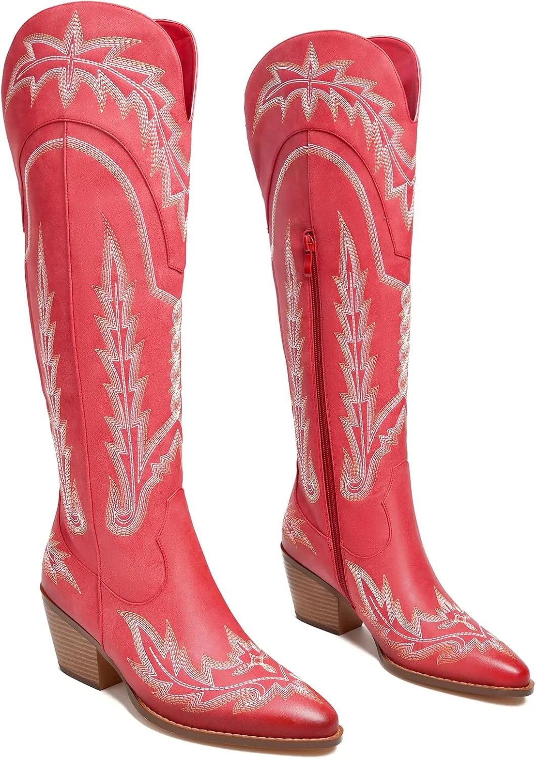 Cowboy Boots for Women Cowgirl Boots Mid Calf Western Country Pointed Toe Embroidery Chunky Heel Pull On Red