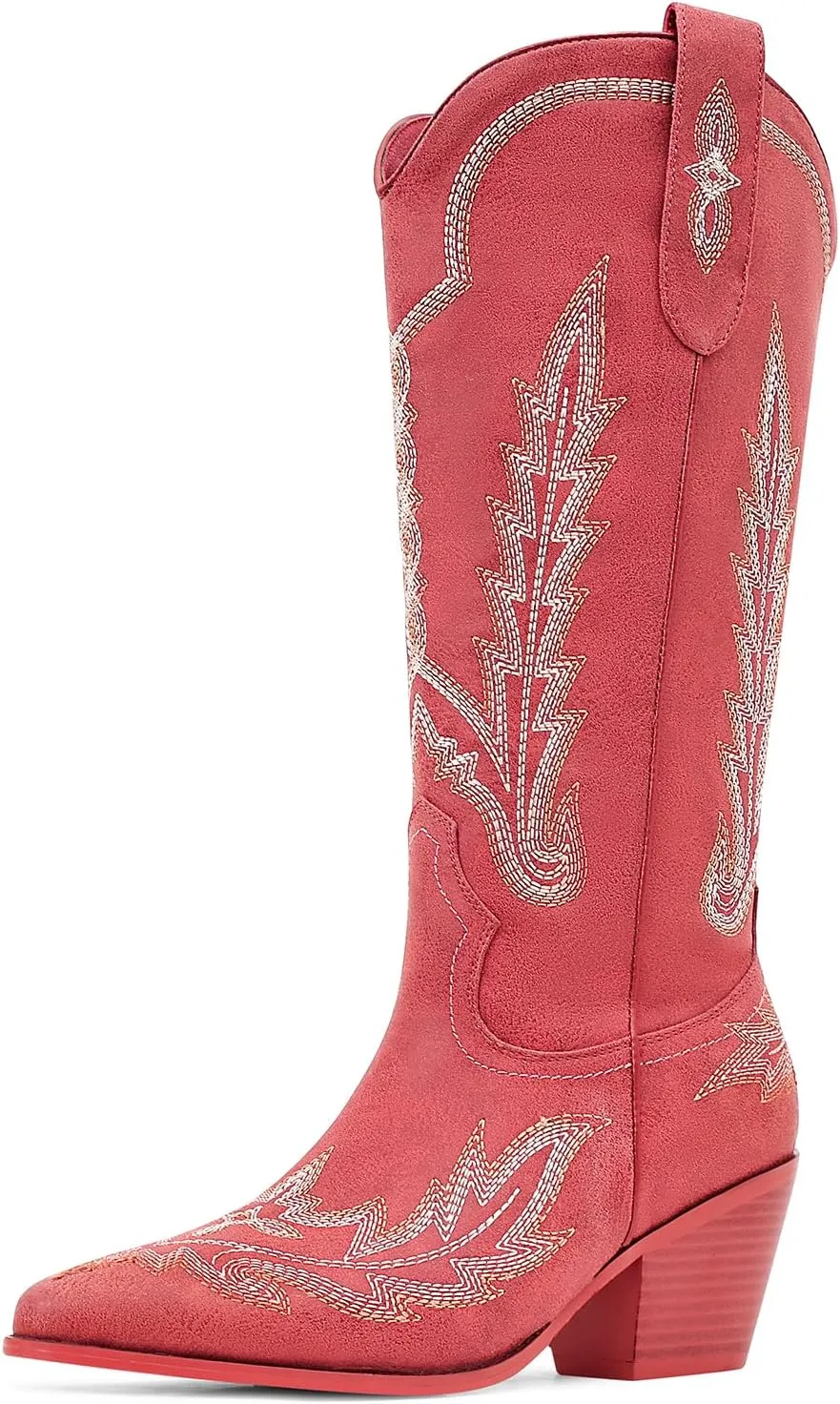 Cowboy Boots for Women Cowgirl Boots Mid Calf Western Country Pointed Toe Embroidery Chunky Heel Pull On Red
