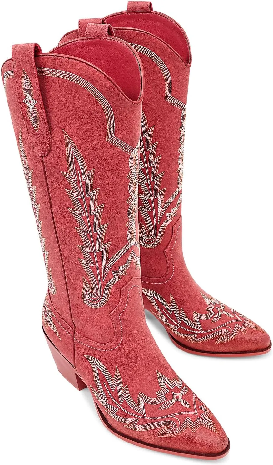 Cowboy Boots for Women Cowgirl Boots Mid Calf Western Country Pointed Toe Embroidery Chunky Heel Pull On Red