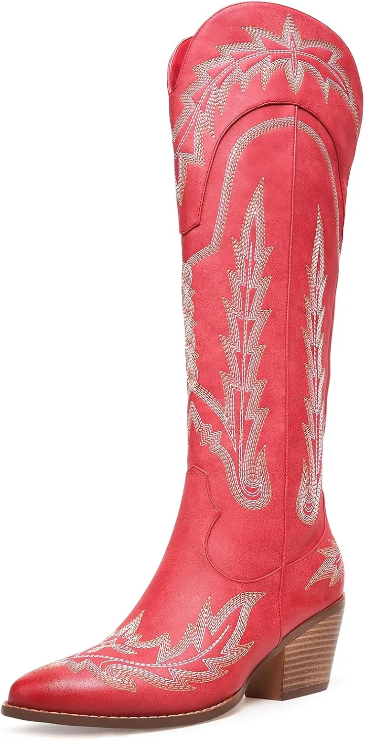 Cowboy Boots for Women Cowgirl Boots Mid Calf Western Country Pointed Toe Embroidery Chunky Heel Pull On Red