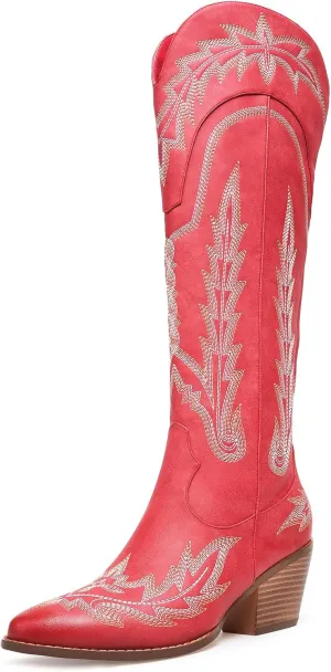 Cowboy Boots for Women Cowgirl Boots Mid Calf Western Country Pointed Toe Embroidery Chunky Heel Pull On Red