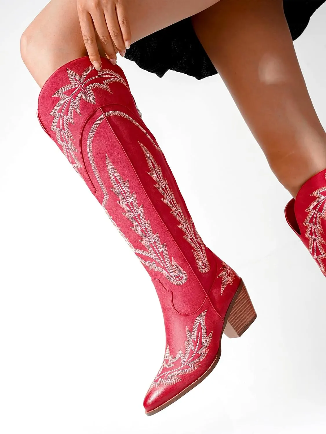 Cowboy Boots for Women Cowgirl Boots Mid Calf Western Country Pointed Toe Embroidery Chunky Heel Pull On Red