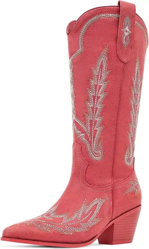 Cowboy Boots for Women Cowgirl Boots Mid Calf Western Country Pointed Toe Embroidery Chunky Heel Pull On Red