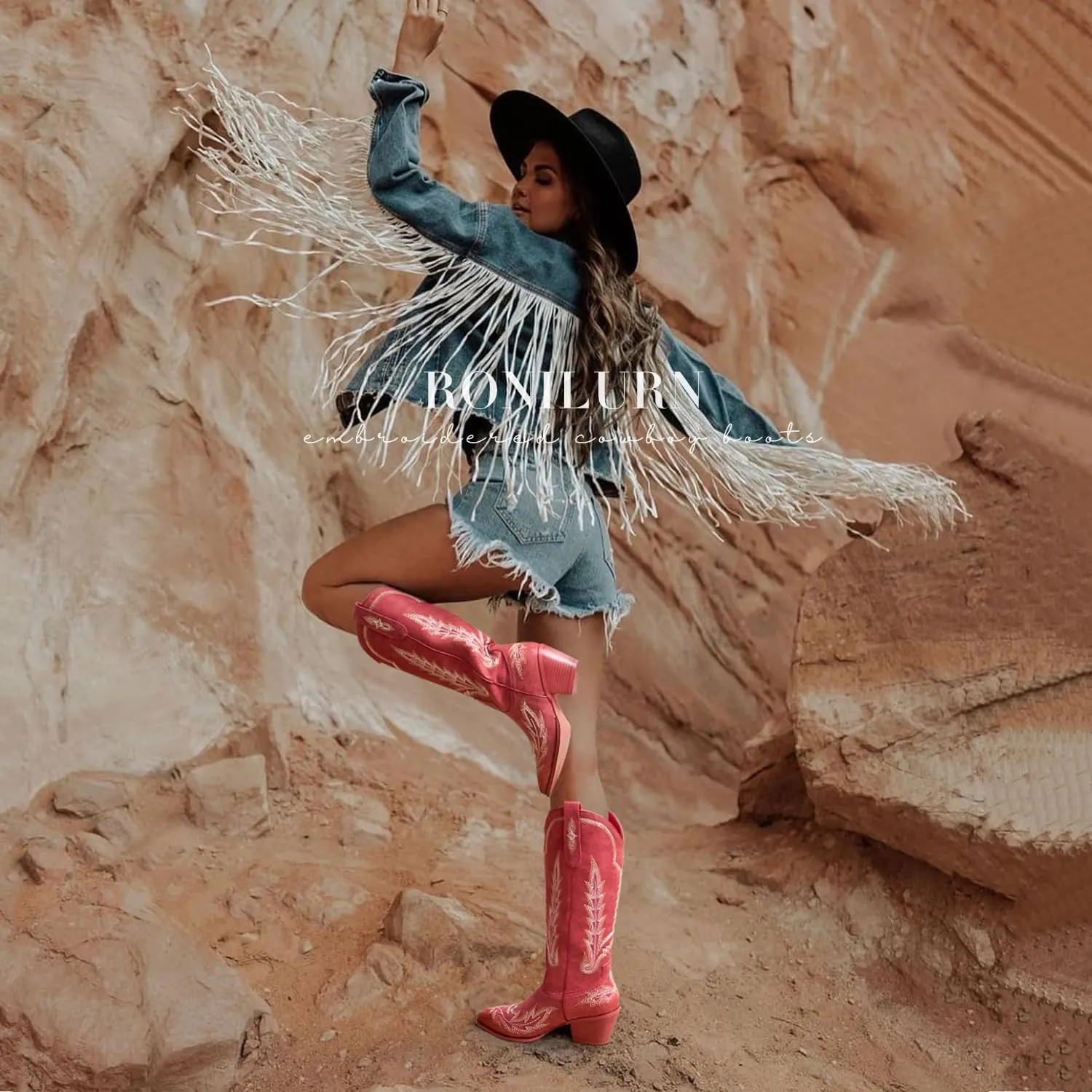 Cowboy Boots for Women Cowgirl Boots Mid Calf Western Country Pointed Toe Embroidery Chunky Heel Pull On Red