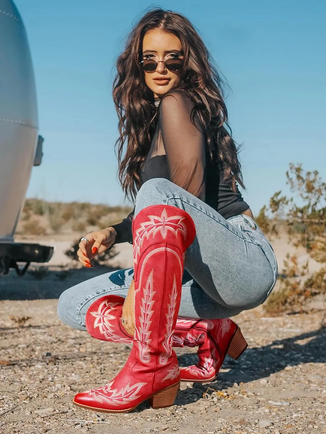 Cowboy Boots for Women Cowgirl Boots Mid Calf Western Country Pointed Toe Embroidery Chunky Heel Pull On Red