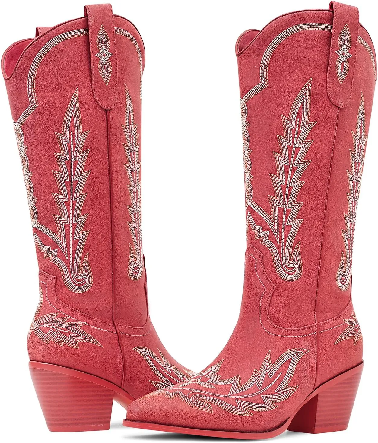 Cowboy Boots for Women Cowgirl Boots Mid Calf Western Country Pointed Toe Embroidery Chunky Heel Pull On Red