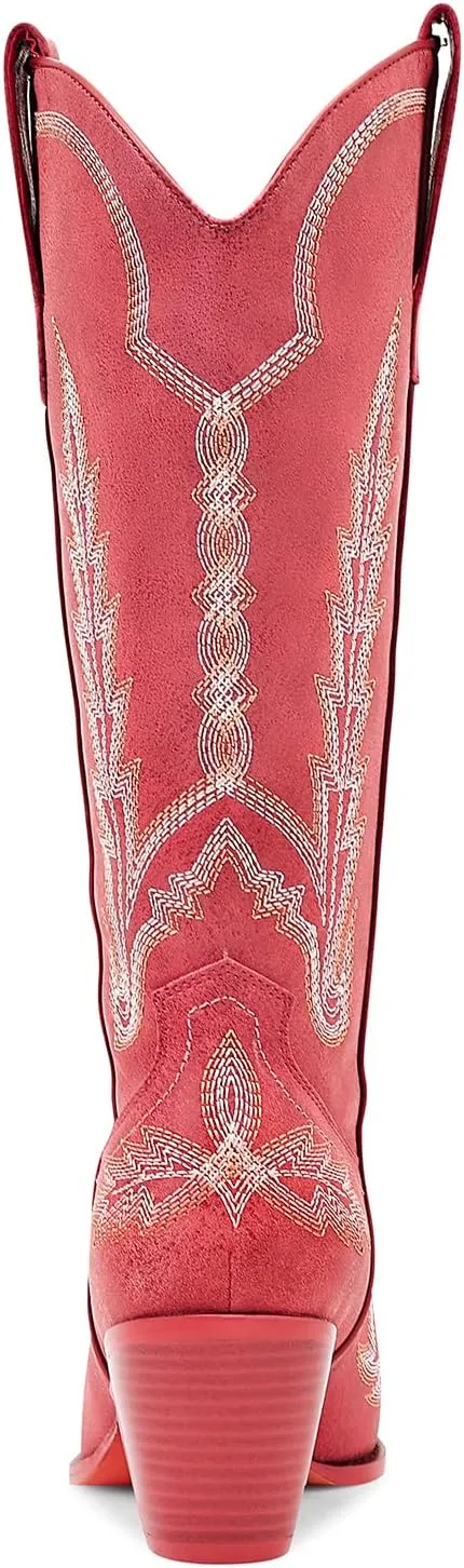 Cowboy Boots for Women Cowgirl Boots Mid Calf Western Country Pointed Toe Embroidery Chunky Heel Pull On Red