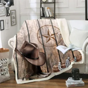 Cowboy Throw Blanket Throw 50"X60" Western Texas Star Horseshoe Fleece Bed Blanket For Adult Men Boys Rustic Farmhouse Sherpa Blanket Cowboy Boots Hat Fuzzy Blanket Brown Wild West Style Room Decor