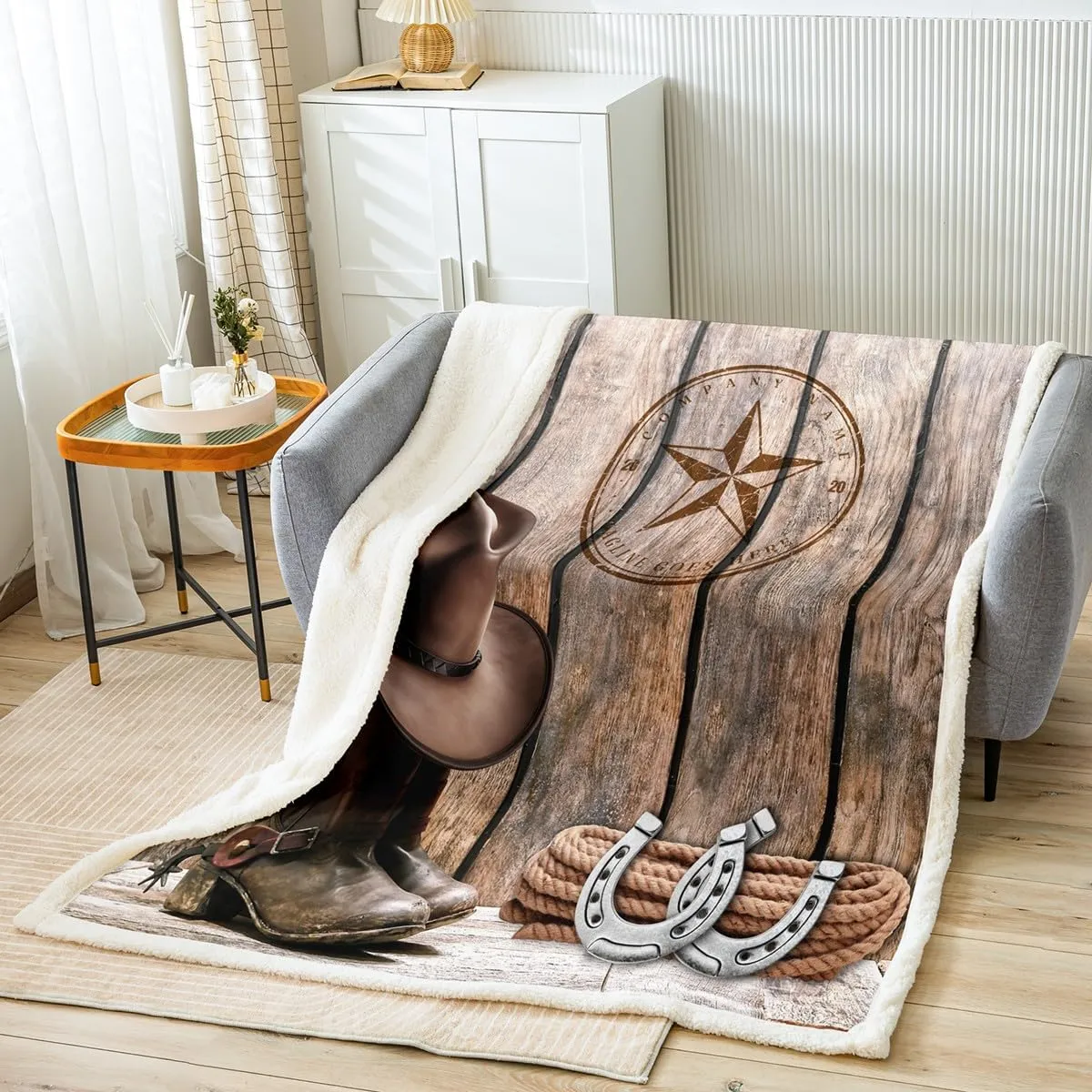 Cowboy Throw Blanket Throw 50"X60" Western Texas Star Horseshoe Fleece Bed Blanket For Adult Men Boys Rustic Farmhouse Sherpa Blanket Cowboy Boots Hat Fuzzy Blanket Brown Wild West Style Room Decor
