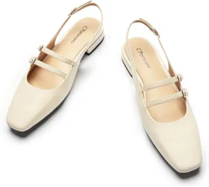 C.Paravano Women's Slingback Flats|Sandals Square Toe Dress Shoes|Flat Heel Double Strap Shoes for Bridal Showers, Date Nights & Summer Brunches(Size 7,White)