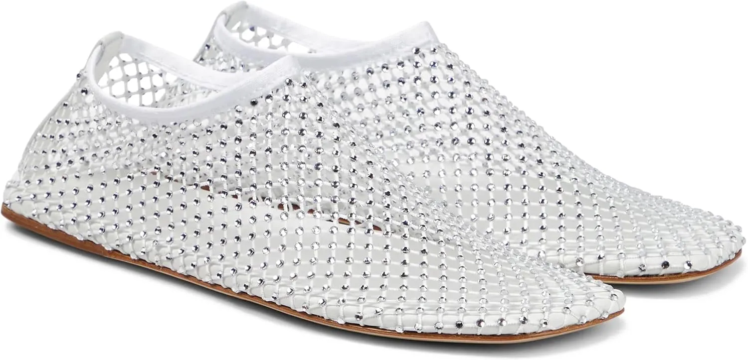 Crystal-Embellished Mesh Flats Square Toe Rhinestone Ballet Flat Slip On Ballerina Shoes Comfort Casual Glitter Flat Shoe for Woman