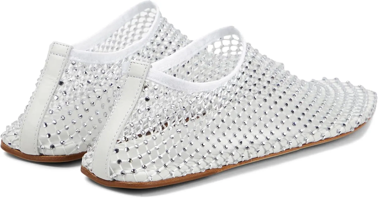 Crystal-Embellished Mesh Flats Square Toe Rhinestone Ballet Flat Slip On Ballerina Shoes Comfort Casual Glitter Flat Shoe for Woman