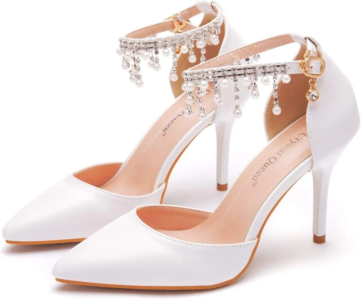 Crystal Queen 3.75 Inches White Pearls Bridal Wedding Sandals Stiletto Heel Sandals Pointed Toe Pumps Ankle Strap Dress Shoes Wedding Party Evening Sandals