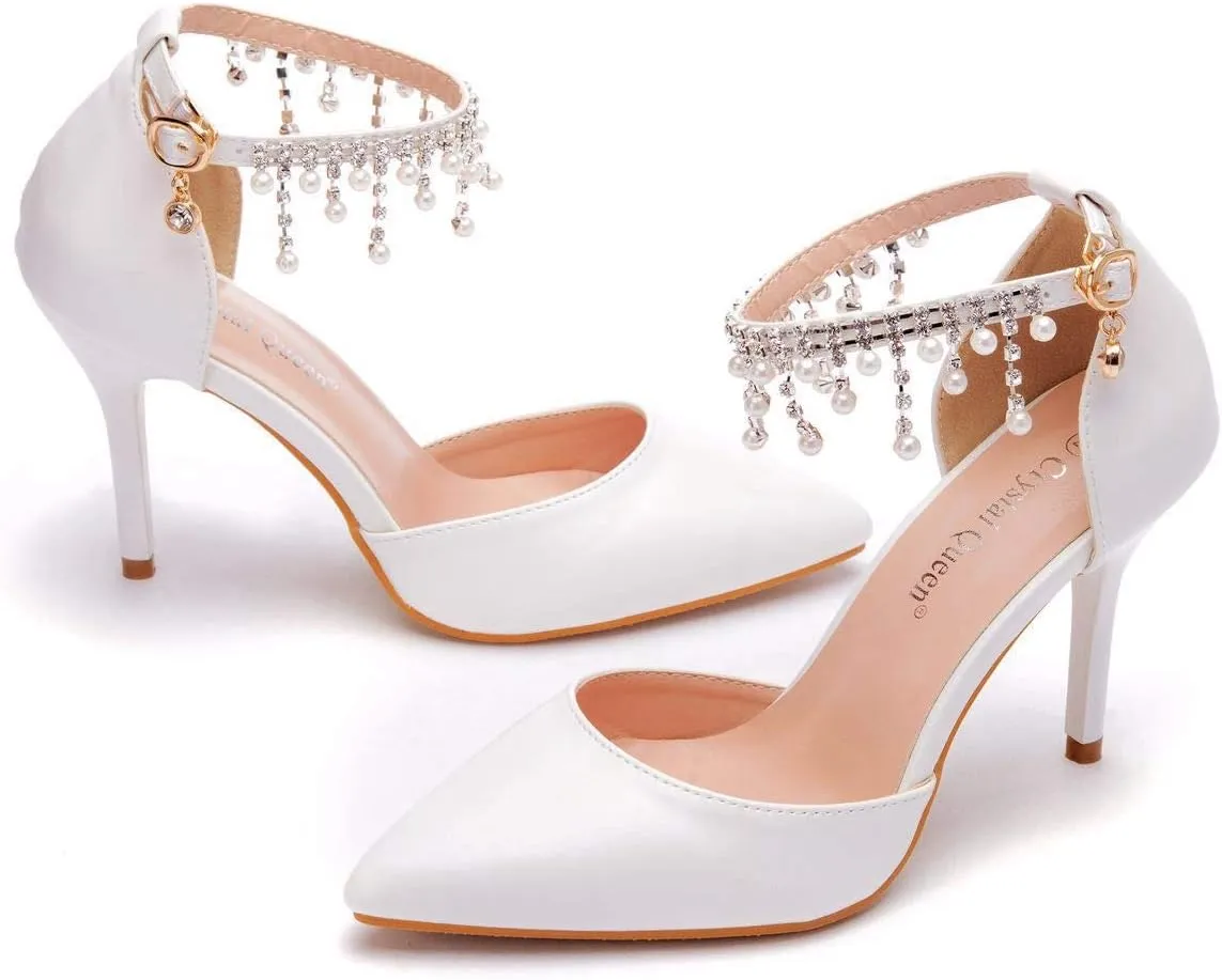 Crystal Queen 3.75 Inches White Pearls Bridal Wedding Sandals Stiletto Heel Sandals Pointed Toe Pumps Ankle Strap Dress Shoes Wedding Party Evening Sandals