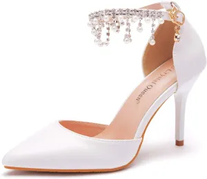 Crystal Queen 3.75 Inches White Pearls Bridal Wedding Sandals Stiletto Heel Sandals Pointed Toe Pumps Ankle Strap Dress Shoes Wedding Party Evening Sandals