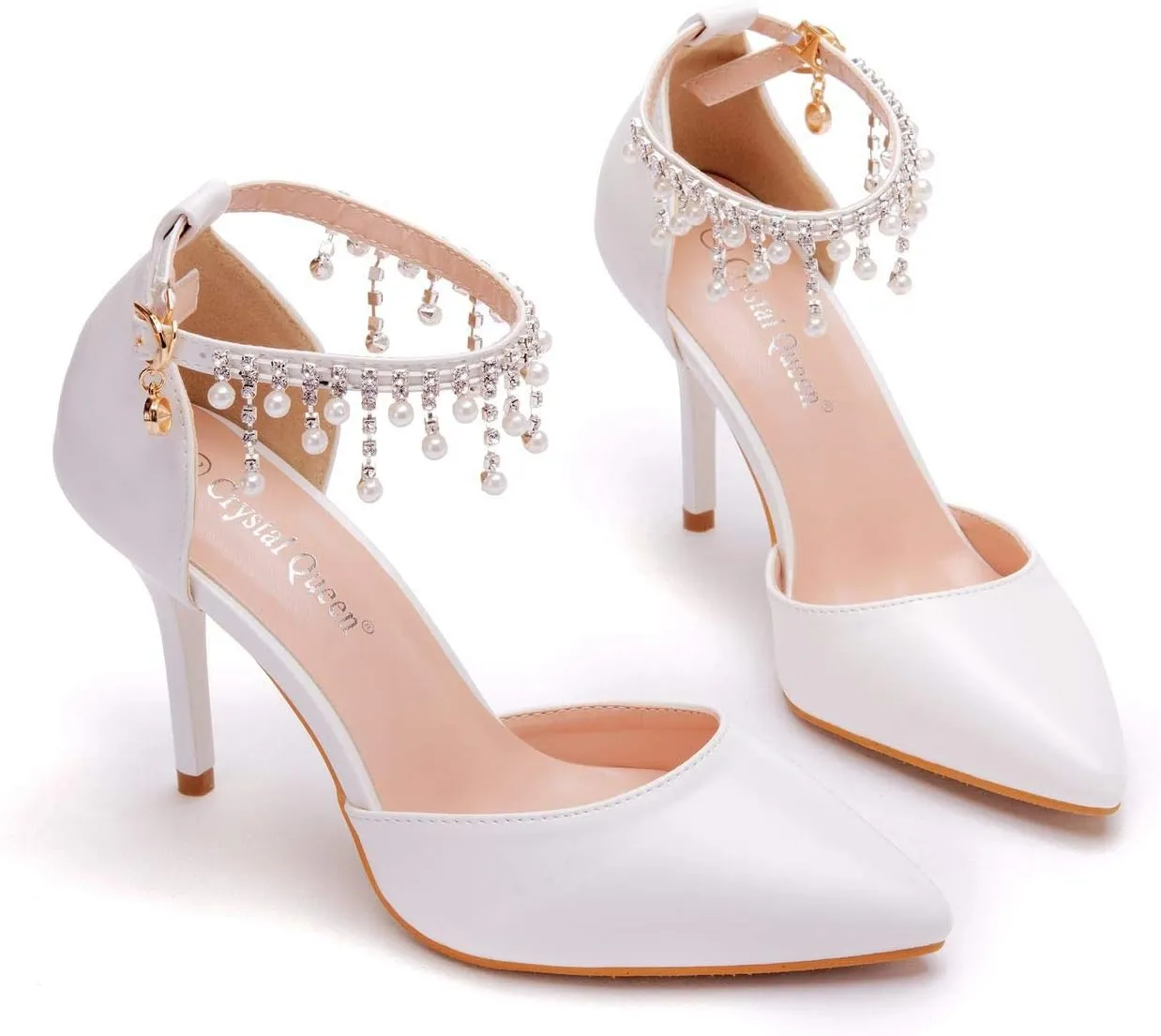 Crystal Queen 3.75 Inches White Pearls Bridal Wedding Sandals Stiletto Heel Sandals Pointed Toe Pumps Ankle Strap Dress Shoes Wedding Party Evening Sandals