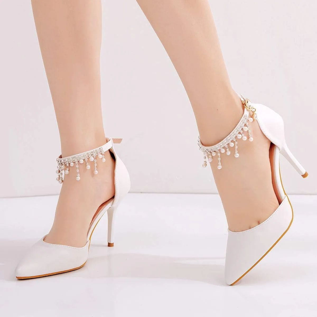 Crystal Queen 3.75 Inches White Pearls Bridal Wedding Sandals Stiletto Heel Sandals Pointed Toe Pumps Ankle Strap Dress Shoes Wedding Party Evening Sandals