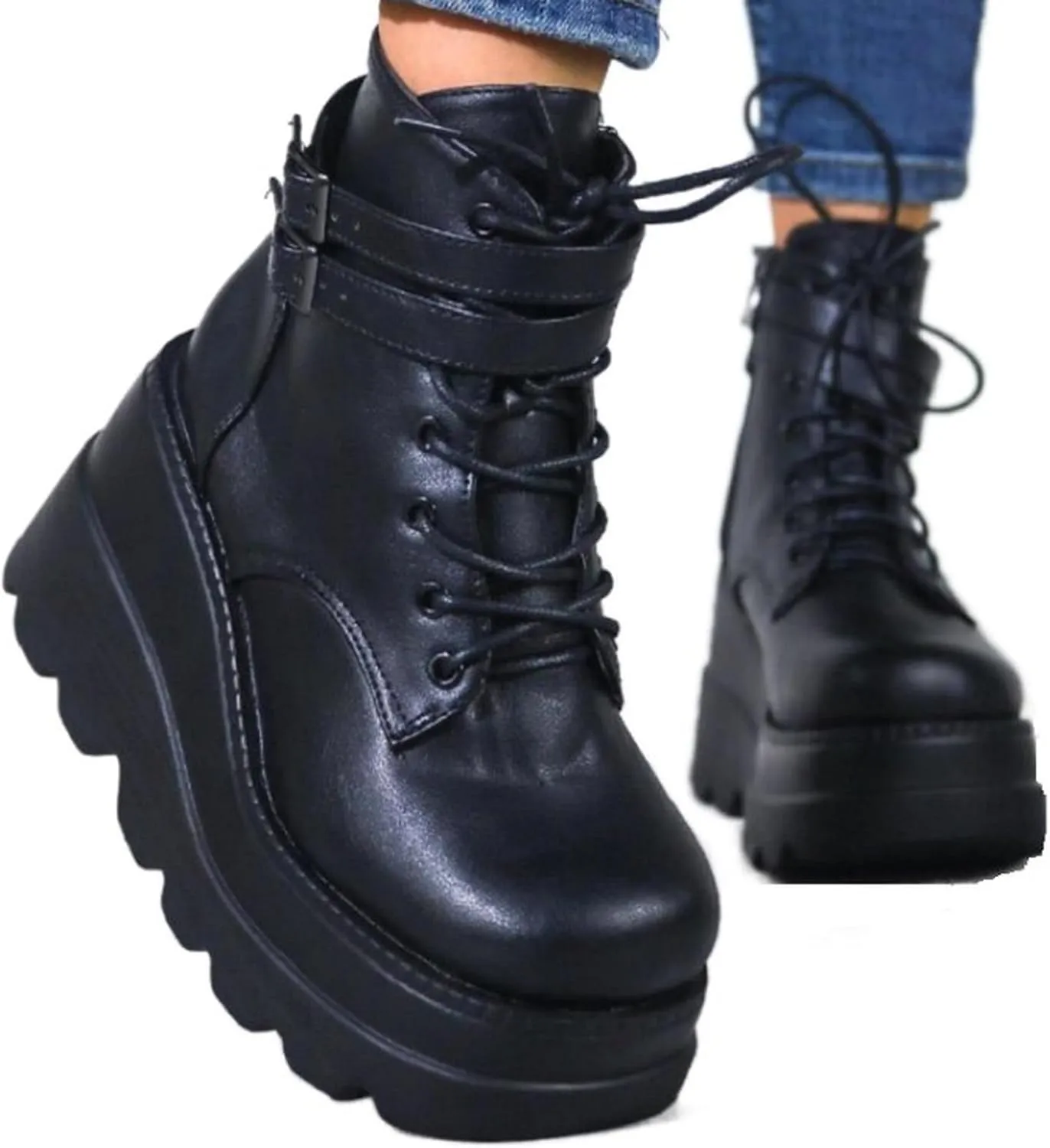 Ctreela Womens Punk Platform Boots Black Goth Booties Grunge Chunky High Heel Round Toe Boots Side Zip Combat Ankle Boots