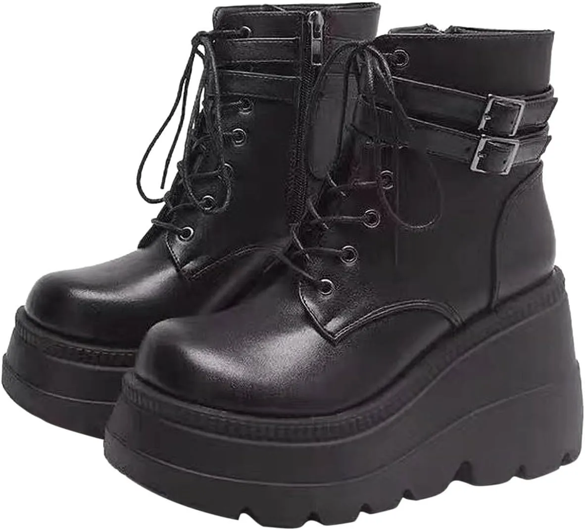 Ctreela Womens Punk Platform Boots Black Goth Booties Grunge Chunky High Heel Round Toe Boots Side Zip Combat Ankle Boots