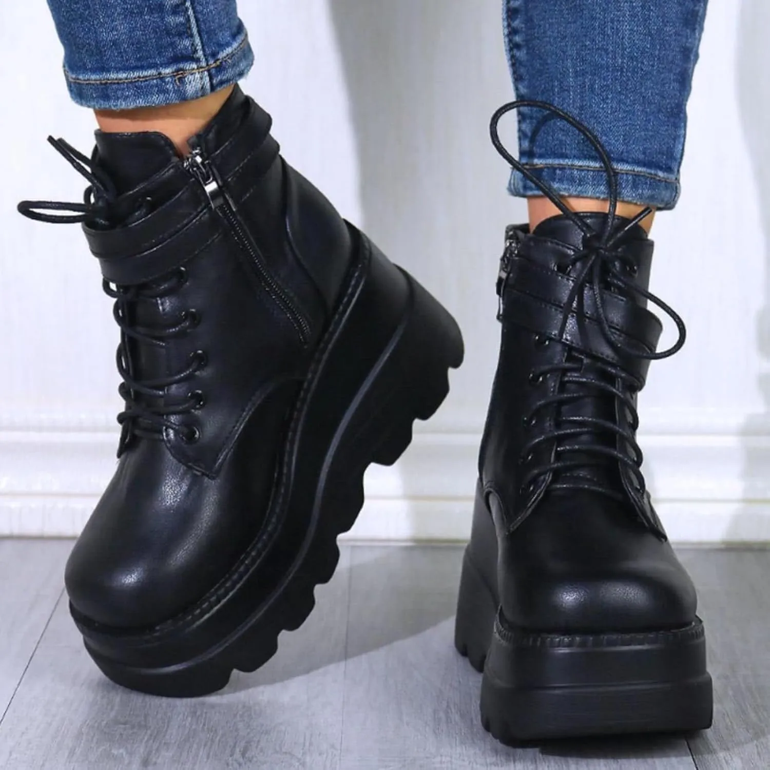 Ctreela Womens Punk Platform Boots Black Goth Booties Grunge Chunky High Heel Round Toe Boots Side Zip Combat Ankle Boots