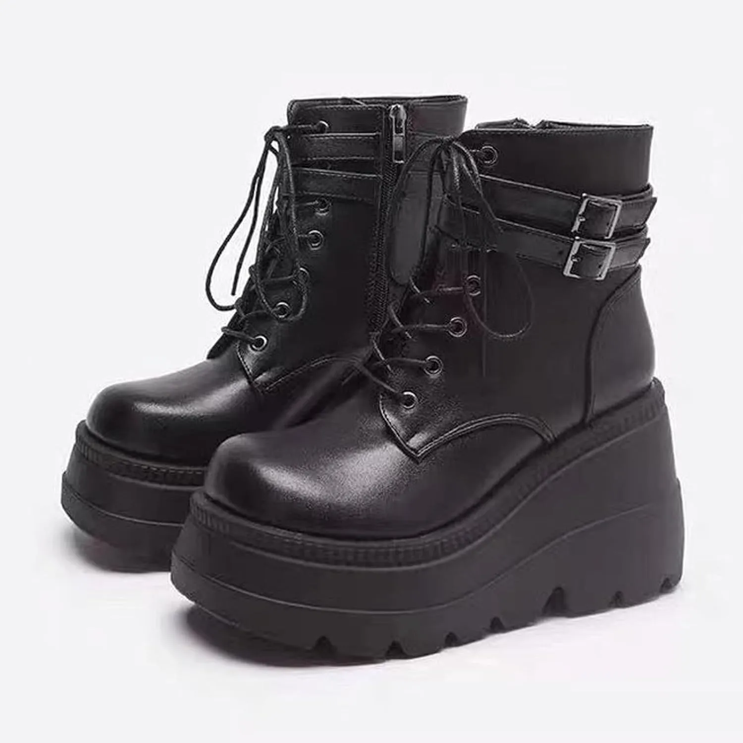 Ctreela Womens Punk Platform Boots Black Goth Booties Grunge Chunky High Heel Round Toe Boots Side Zip Combat Ankle Boots
