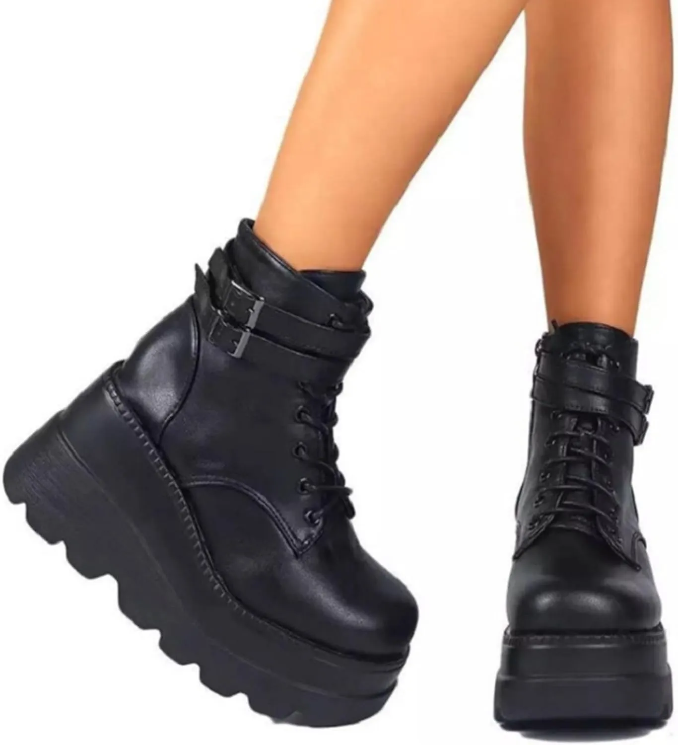 Ctreela Womens Punk Platform Boots Black Goth Booties Grunge Chunky High Heel Round Toe Boots Side Zip Combat Ankle Boots