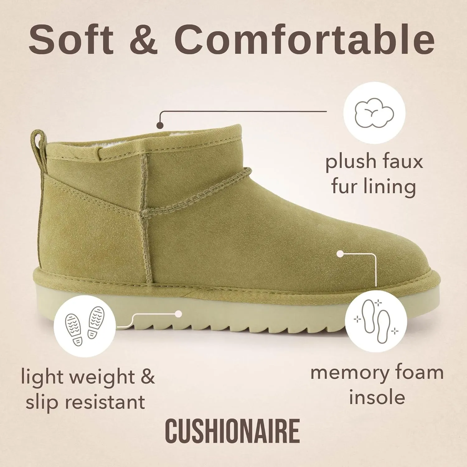 CUSHIONAIRE Women's Hip 2 Genuine Suede Ankle Snow Boots - Pull-On with Cozy Faux Shearling Lining,  Memory Foam