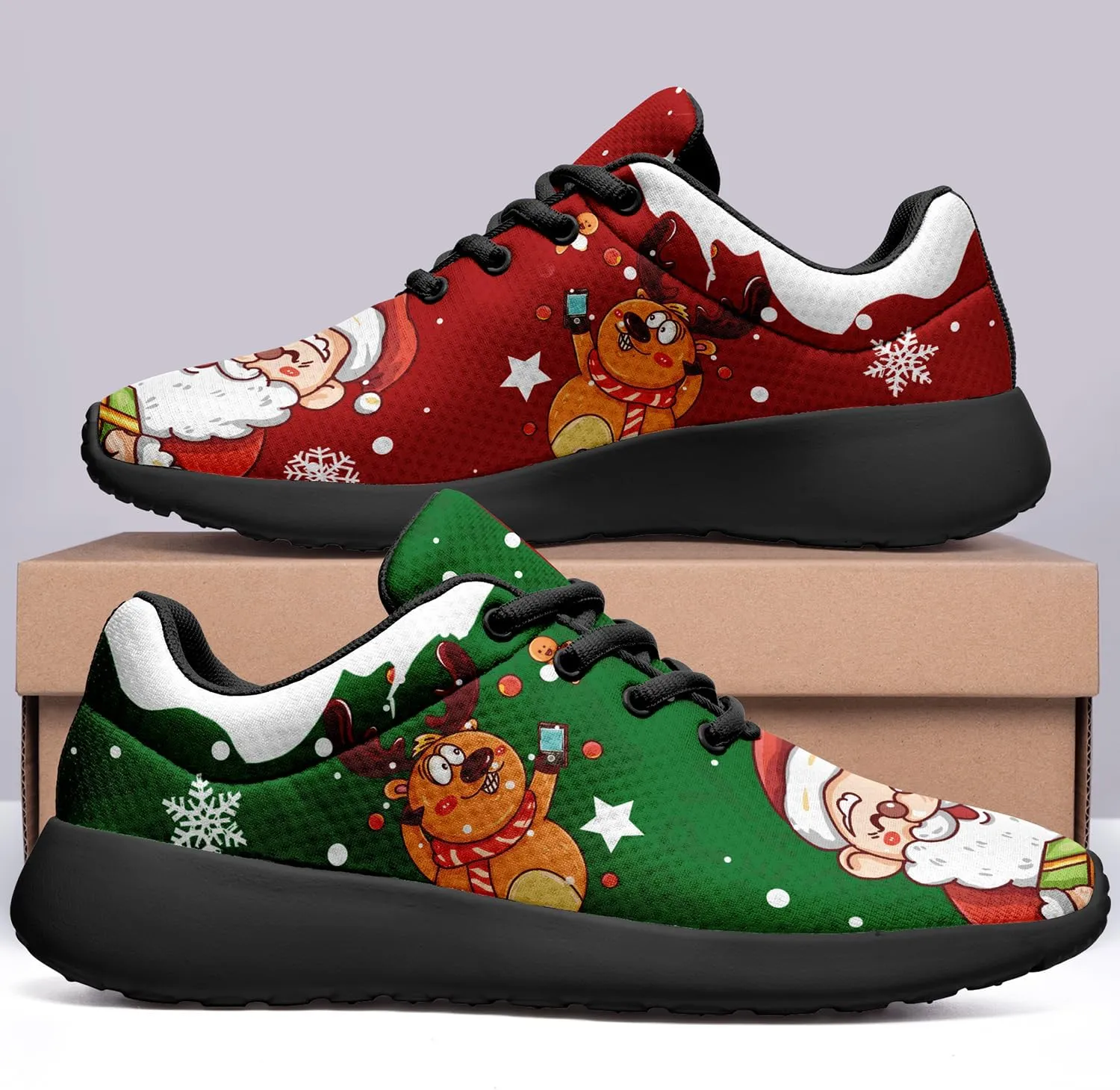 Custom Christmas Walking Sneakers, Snowman Design, Comfortable Lightweight Running Shoes, Festive Holiday Footwear for Women