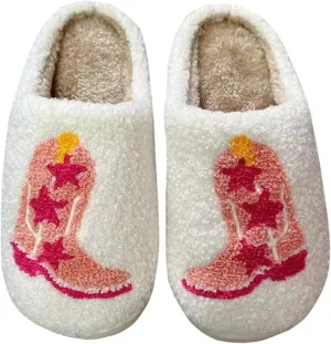 Cute Cowgirl Cowboy Hat Boots Embroidered Slipper Fuzzy Cozy Memory Foam House Shoes for Women Men Indoor Home Slippers