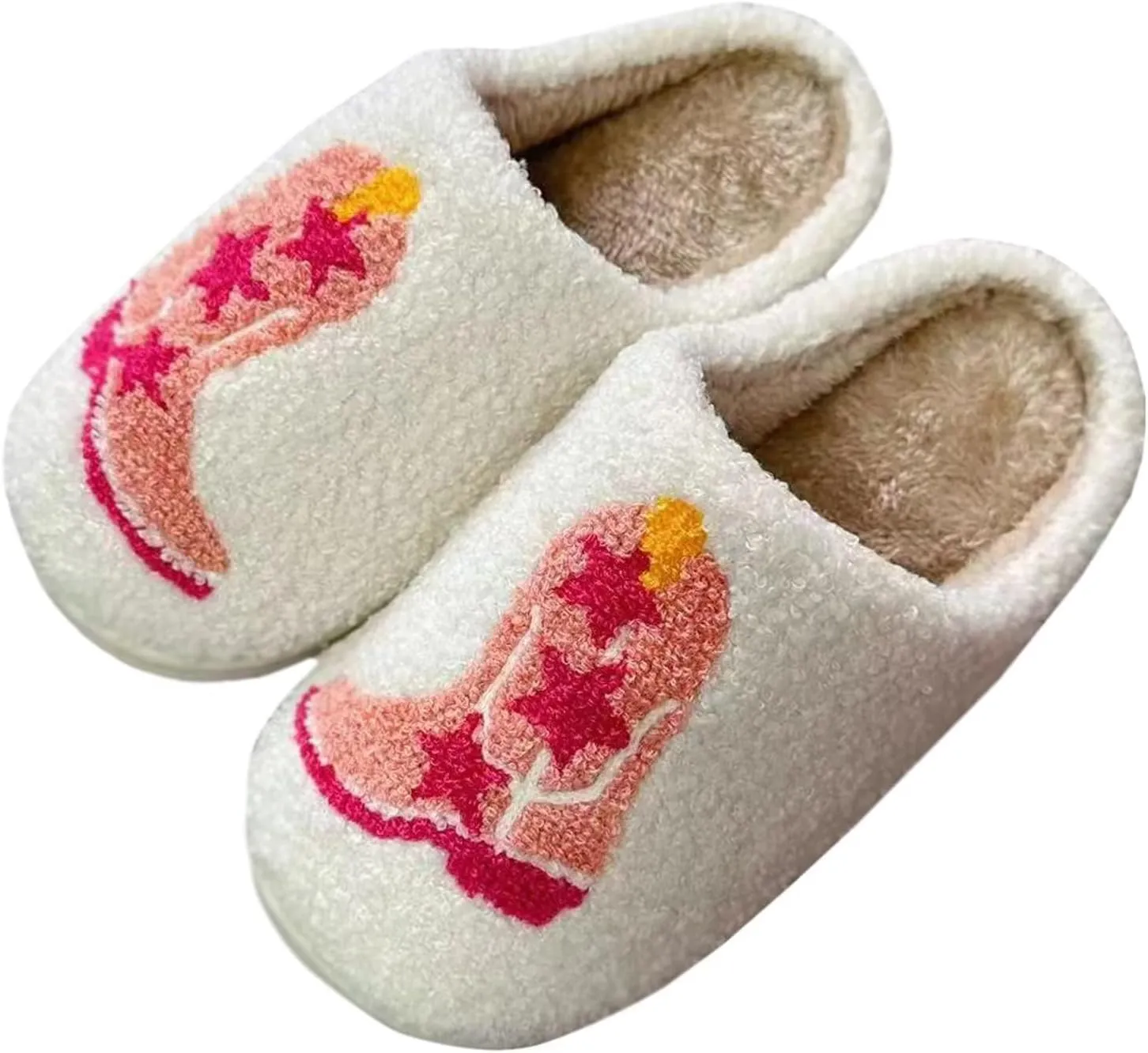 Cute Cowgirl Cowboy Hat Boots Embroidered Slipper Fuzzy Cozy Memory Foam House Shoes for Women Men Indoor Home Slippers