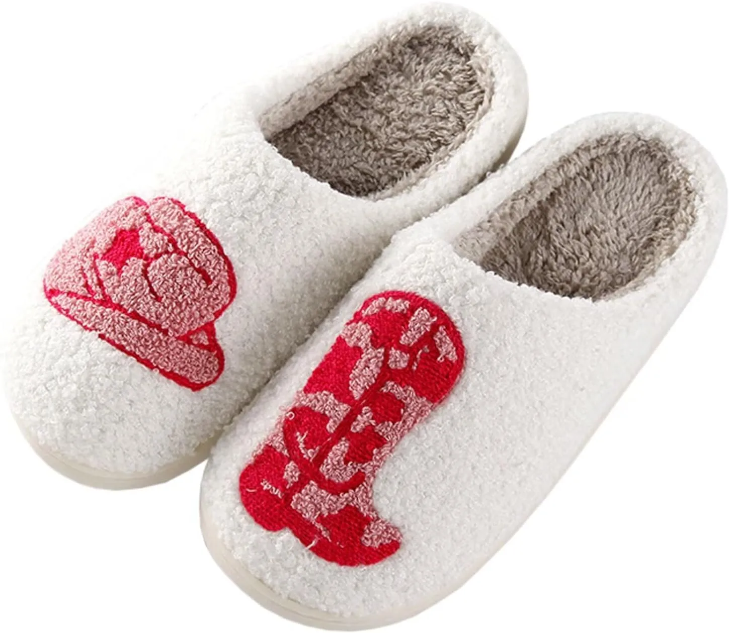 Cute Cowgirl Cowboy Hat Boots Embroidered Slipper Fuzzy Cozy Memory Foam House Shoes for Women Men Indoor Home Slippers